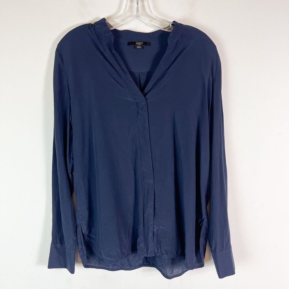 Seventy Venezia NWOT Women's V-neck Long Sleeve Silk Blouse Navy Blue Size M